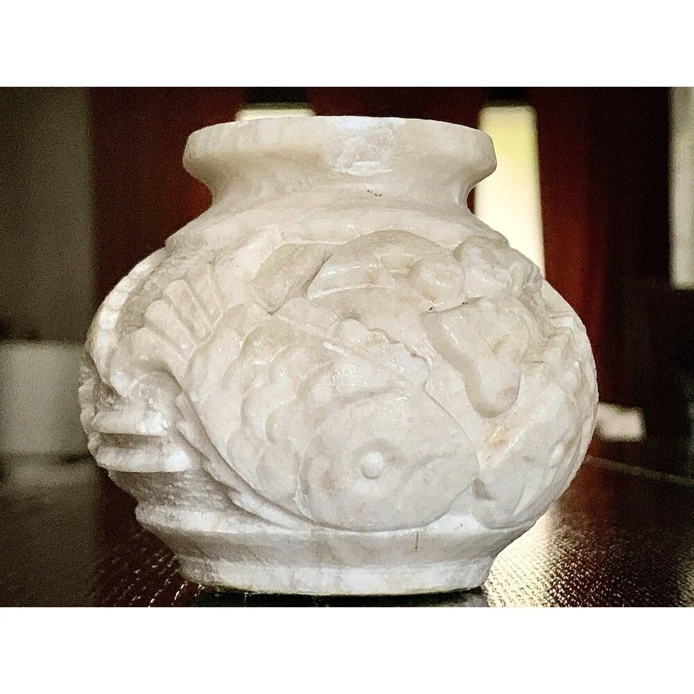 Vintage Chinese Hand Carved Soapstone Vase Double Koi Fish Motif Asian Decor